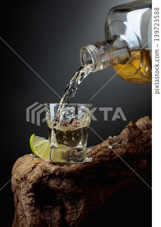 Gold tequila with salt and lime. 139723588