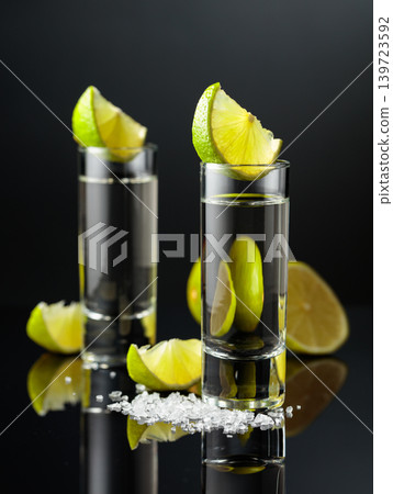 Gold tequila with sea salt and lime slices. Gold tequila with sea salt and lime slices. 139723592