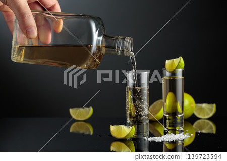 Tequila shots with salt and lime slices on a black reflective background. Tequila shots with salt and lime slices on a black reflective background. 139723594