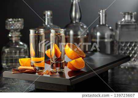 Tequila shots with orange, and cinnamon. Tequila shots with orange, and cinnamon. 139723607