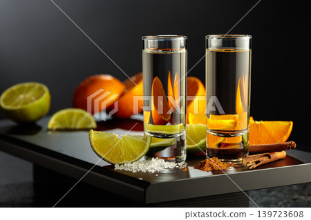 Tequila shots with lime, salt, orange, and cinnamon. 139723608