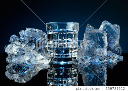 Crystal glass of vodka and ice shards against a black reflective background. Crystal glass of vodka and ice shards against a black reflective background. 139723612