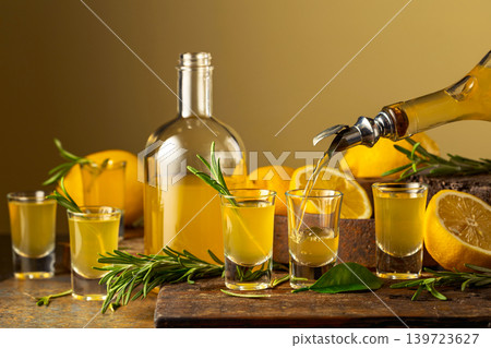 Italian liqueur Limoncello with fresh lemons and rosemary branches. 139723627
