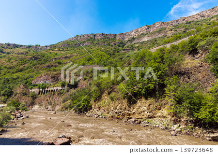 Muddy river winds through a rocky hillside landscape, Lori providence, Armenia Muddy river winds through a rocky hillside landscape, Lori providence, Armenia 139723648