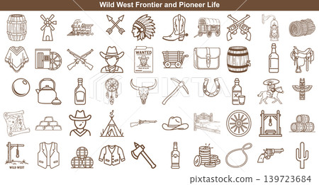 Assorted wild west frontier life icons showing cowboy equipment and pioneer history for historical storytelling themes Assorted wild west frontier life icons showing cowboy equipment and pioneer history for historical storytelling themes 139723684