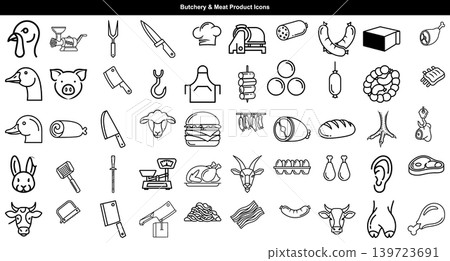 Butchery and meat product icons in simple line art style for food industry branding projects Butchery and meat product icons in simple line art style for food industry branding projects 139723691
