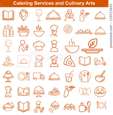 Catering services and culinary arts linear icon collection for restaurant menu and food delivery projects Catering services and culinary arts linear icon collection for restaurant menu and food delivery projects 139723693