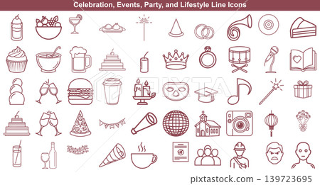 Celebration and party line icons for event planning featuring festive symbols and social gathering concepts Celebration and party line icons for event planning featuring festive symbols and social gathering concepts 139723695