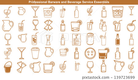 Collection of barware and beverage service icons in a minimalist thin line drawing art style Collection of barware and beverage service icons in a minimalist thin line drawing art style 139723699