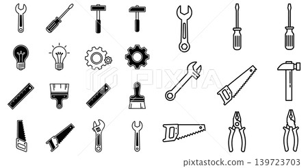 Collection of common hand tools and mechanical parts for construction and repair projects Collection of common hand tools and mechanical parts for construction and repair projects 139723703
