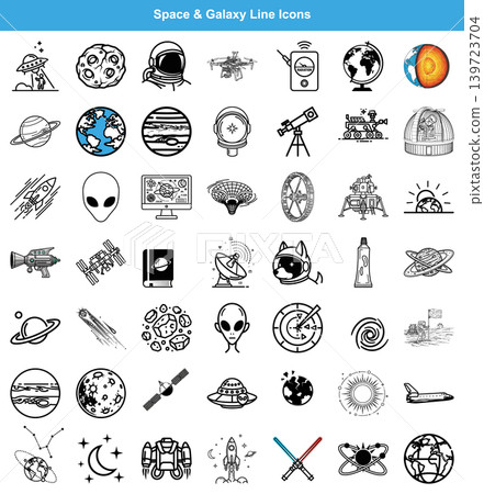 Collection of conceptual line art icons representing space exploration and celestial bodies for design projects Collection of conceptual line art icons representing space exploration and celestial bodies for design projects 139723704
