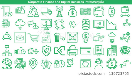 Collection of corporate finance and digital business infrastructure outline icons for modern financial reporting systems Collection of corporate finance and digital business infrastructure outline icons for modern financial reporting systems 139723705
