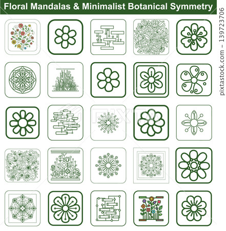 Collection of decorative floral mandalas and minimalist botanical symmetry icons for creative graphic design projects Collection of decorative floral mandalas and minimalist botanical symmetry icons for creative graphic design projects 139723706