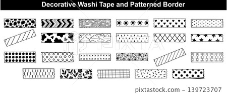 Collection of decorative washi tape and repeating patterned borders with various simple artistic design motifs Collection of decorative washi tape and repeating patterned borders with various simple artistic design motifs 139723707