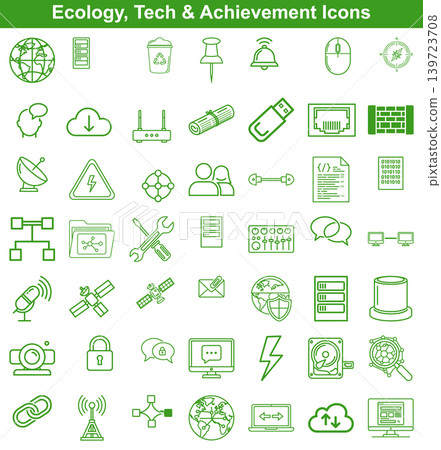 Collection of digital technology and ecology thin line icons for network connectivity and data computing Collection of digital technology and ecology thin line icons for network connectivity and data computing 139723708