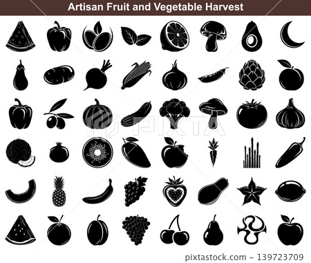Collection of diverse fruit and vegetable silhouettes for healthy eating and culinary design projects Collection of diverse fruit and vegetable silhouettes for healthy eating and culinary design projects 139723709