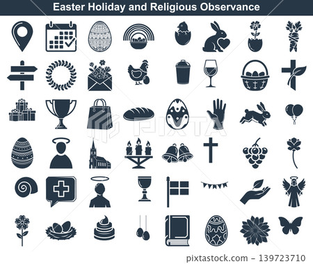 Collection of easter holiday icons featuring religious symbols and traditional spring festival decorative elements for print Collection of easter holiday icons featuring religious symbols and traditional spring festival decorative elements for print 139723710
