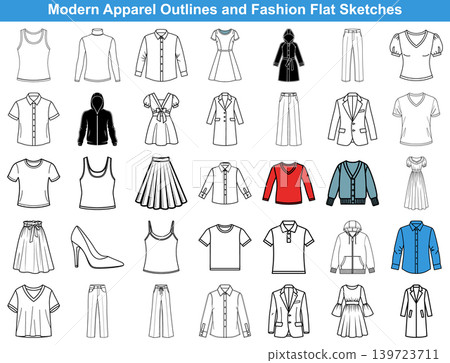 Collection of fashion apparel flat sketches and clothing outlines for design and textile industry projects Collection of fashion apparel flat sketches and clothing outlines for design and textile industry projects 139723711