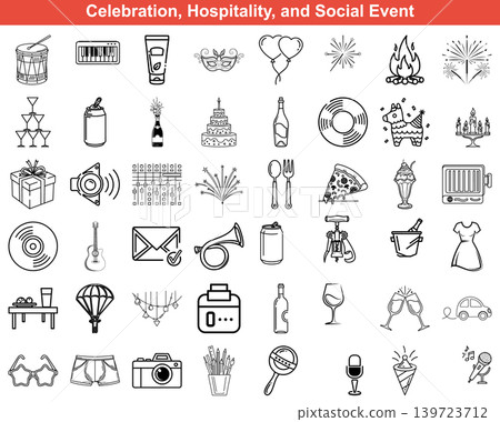 Collection of festive celebration and hospitality line icons including party supplies food and social events Collection of festive celebration and hospitality line icons including party supplies food and social events 139723712