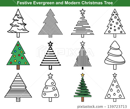 Collection of festive evergreen and minimalist christmas tree symbols featuring various decorative and geometric design styles Collection of festive evergreen and minimalist christmas tree symbols featuring various decorative and geometric design styles 139723713