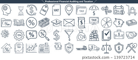 Collection of financial auditing and taxation line icons for accounting and business growth analysis Collection of financial auditing and taxation line icons for accounting and business growth analysis 139723714