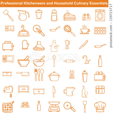 Collection of kitchenware outline icons including appliances and cooking utensils for professional culinary design projects Collection of kitchenware outline icons including appliances and cooking utensils for professional culinary design projects 139723717