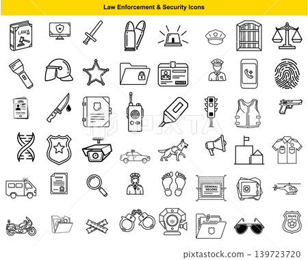 Collection of law enforcement and security icons featuring police gear badge handcuffs and forensic evidence symbols Collection of law enforcement and security icons featuring police gear badge handcuffs and forensic evidence symbols 139723720