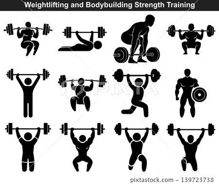 Collection of weightlifting and bodybuilding strength training silhouette icons representing various exercises and poses Collection of weightlifting and bodybuilding strength training silhouette icons representing various exercises and poses 139723738