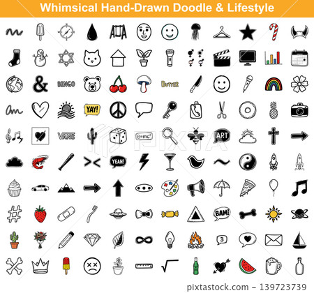 Collection of whimsical hand drawn doodles and lifestyle icons for creative design projects and graphic resources 139723739