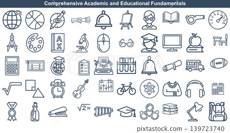 Comprehensive academic and educational icon set depicting school supplies learning tools university campus research and subjects Comprehensive academic and educational icon set depicting school supplies learning tools university campus research and subjects 139723740