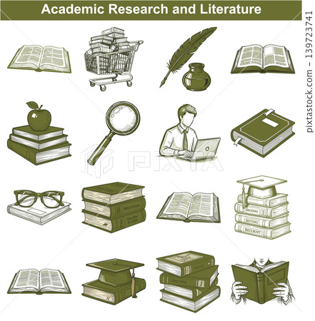 Comprehensive collection of academic research and literature icons illustrating books library learning and intellectual creative writing tools Comprehensive collection of academic research and literature icons illustrating books library learning and intellectual creative writing tools 139723741