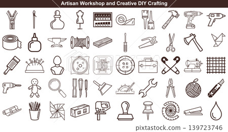 Comprehensive collection of craft workshop and DIY hobby tools in simple clean line art graphic style Comprehensive collection of craft workshop and DIY hobby tools in simple clean line art graphic style 139723746
