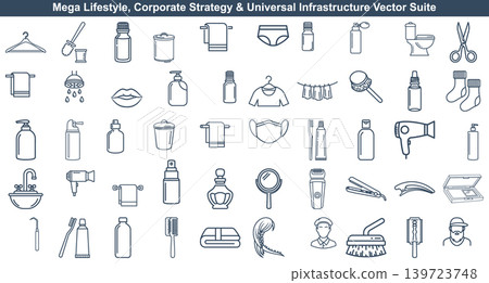 Comprehensive collection of daily hygiene and personal care icons featuring essential tools for home bathroom routines Comprehensive collection of daily hygiene and personal care icons featuring essential tools for home bathroom routines 139723748