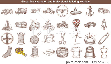 Comprehensive collection of hand drawn transport vehicles and professional tailoring tools for creative industry design assets Comprehensive collection of hand drawn transport vehicles and professional tailoring tools for creative industry design assets 139723752