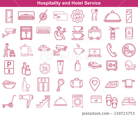 Comprehensive collection of hospitality and hotel service line icons for digital and print design Comprehensive collection of hospitality and hotel service line icons for digital and print design 139723753