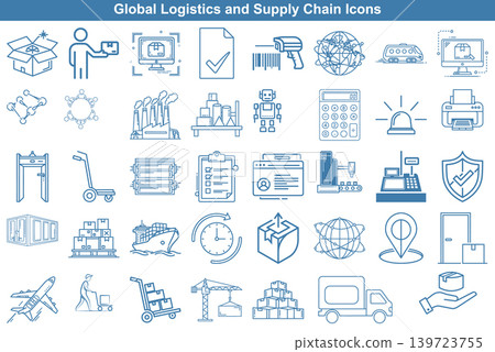 Comprehensive collection of logistics and supply chain icons in a clean professional line art style Comprehensive collection of logistics and supply chain icons in a clean professional line art style 139723755