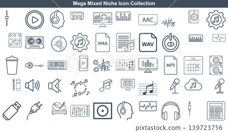 Comprehensive collection of music and media line icons for digital production and creative interface design projects 139723756