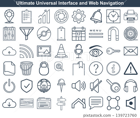 Comprehensive collection of universal interface line icons for web navigation and mobile application dashboard development 139723760