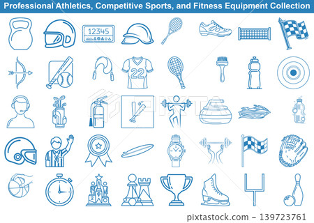Comprehensive collection of various sports equipment and fitness activity icons in clean line art style 139723761