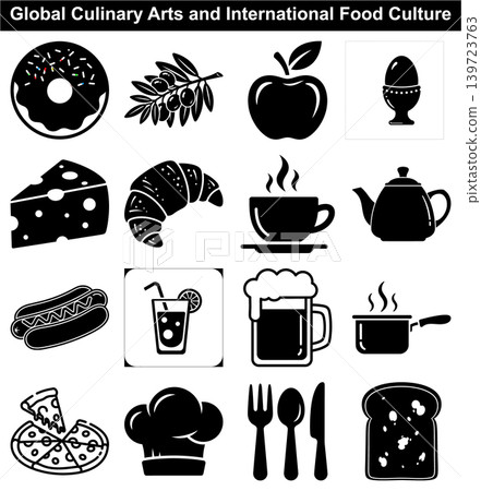 Comprehensive culinary icons collection featuring food and restaurant service elements in minimalist vector icon style Comprehensive culinary icons collection featuring food and restaurant service elements in minimalist vector icon style 139723763