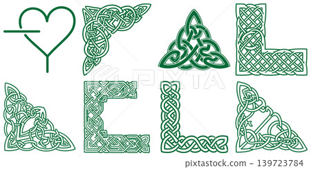 Decorative green Celtic knot patterns and a stylized heart symbol for intricate artistic embellishments Decorative green Celtic knot patterns and a stylized heart symbol for intricate artistic embellishments 139723784