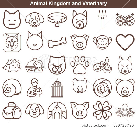 Diverse animal and veterinary icon set featuring domestic pets and wild fauna in simple line style Diverse animal and veterinary icon set featuring domestic pets and wild fauna in simple line style 139723789