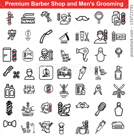 Diverse set of premium barber shop and men grooming icons with scissors razors and hair care tools in linear style Diverse set of premium barber shop and men grooming icons with scissors razors and hair care tools in linear style 139723795