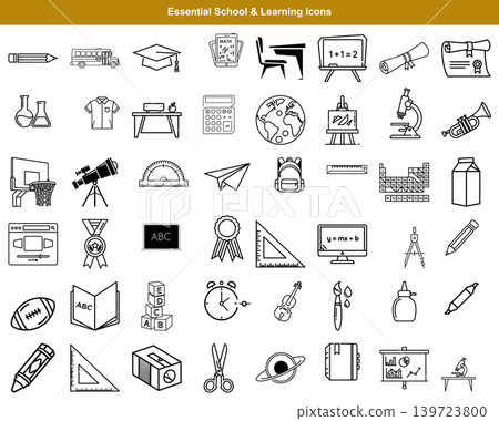 Essential school and education line icons featuring learning supplies and classroom objects for academic design 139723800