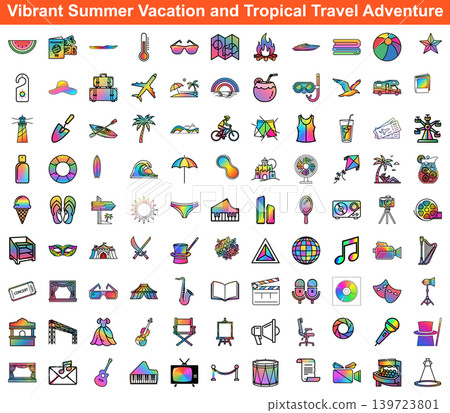 Extensive bundle of vibrant summer vacation and tropical travel adventure icons for holiday design projects Extensive bundle of vibrant summer vacation and tropical travel adventure icons for holiday design projects 139723801