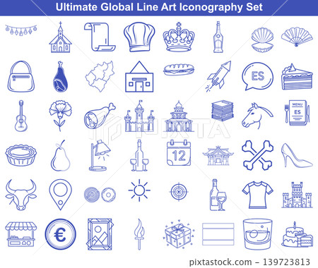 Global travel and lifestyle line art icon set featuring architectural landmarks and cultural symbols 139723813