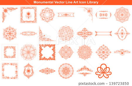 Ornamental mandala and decorative floral border line art elements for sophisticated wedding invitation design projects Ornamental mandala and decorative floral border line art elements for sophisticated wedding invitation design projects 139723850