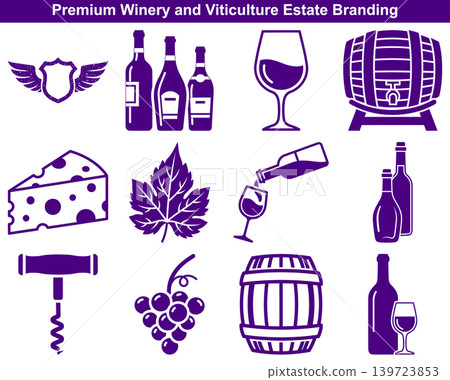Premium Winery and Viticulture Estate Branding elements showcasing grape cultivation wine production and sophisticated beverage consumption experiences Premium Winery and Viticulture Estate Branding elements showcasing grape cultivation wine production and sophisticated beverage consumption experiences 139723853