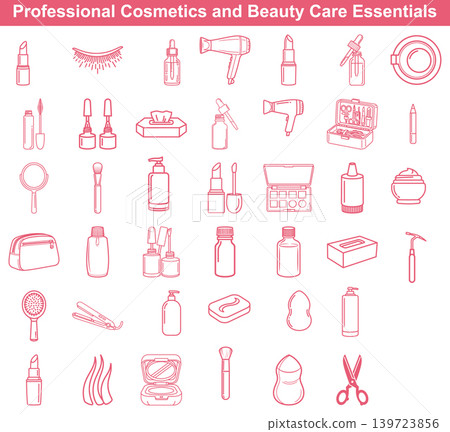 Professional cosmetics and beauty care essentials set depicted as clean thin line art icon collection Professional cosmetics and beauty care essentials set depicted as clean thin line art icon collection 139723856