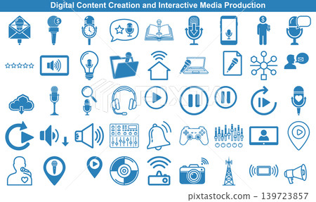 Professional digital media production icons for podcast broadcasting recording and interactive content creation graphic resources 139723857